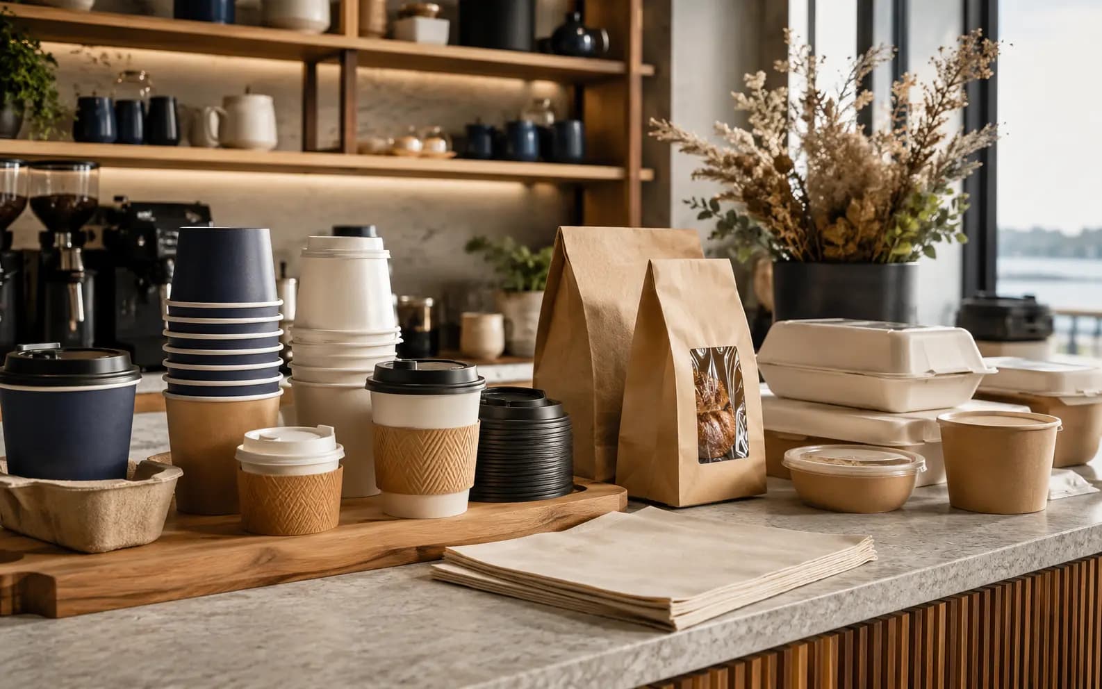 Coffee and café packaging on a premium counter